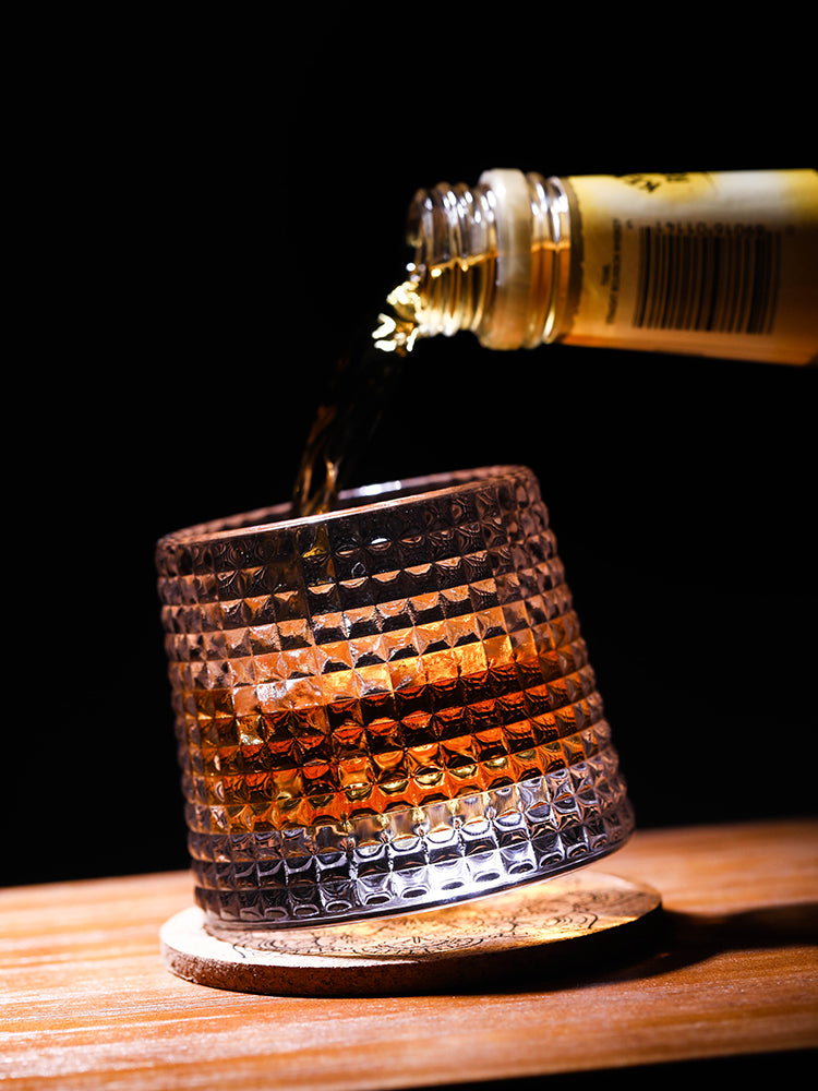 Thick Crystal Whiskey Glasses with Spinning Tops Design
