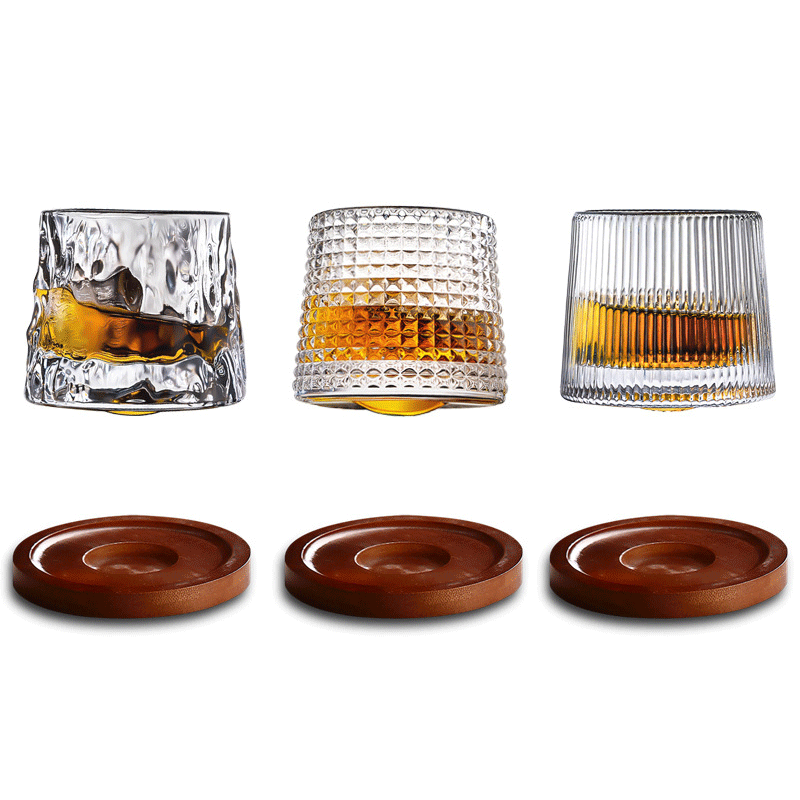Thick Crystal Whiskey Glasses with Spinning Tops Design